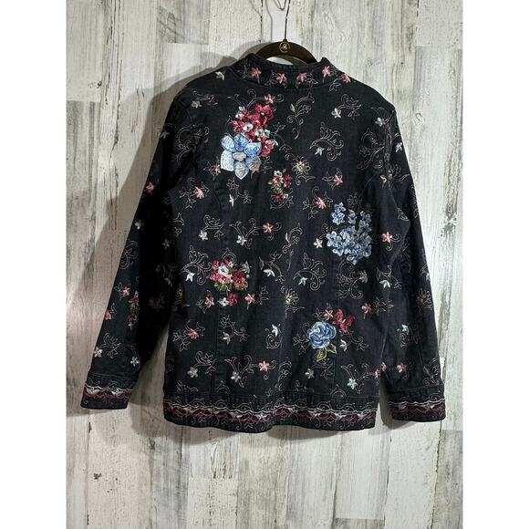 Denim & Co Denim Jacket Charcoal Gray Wash Multicolor Floral Embroidery Medium - Picture 2 of 9